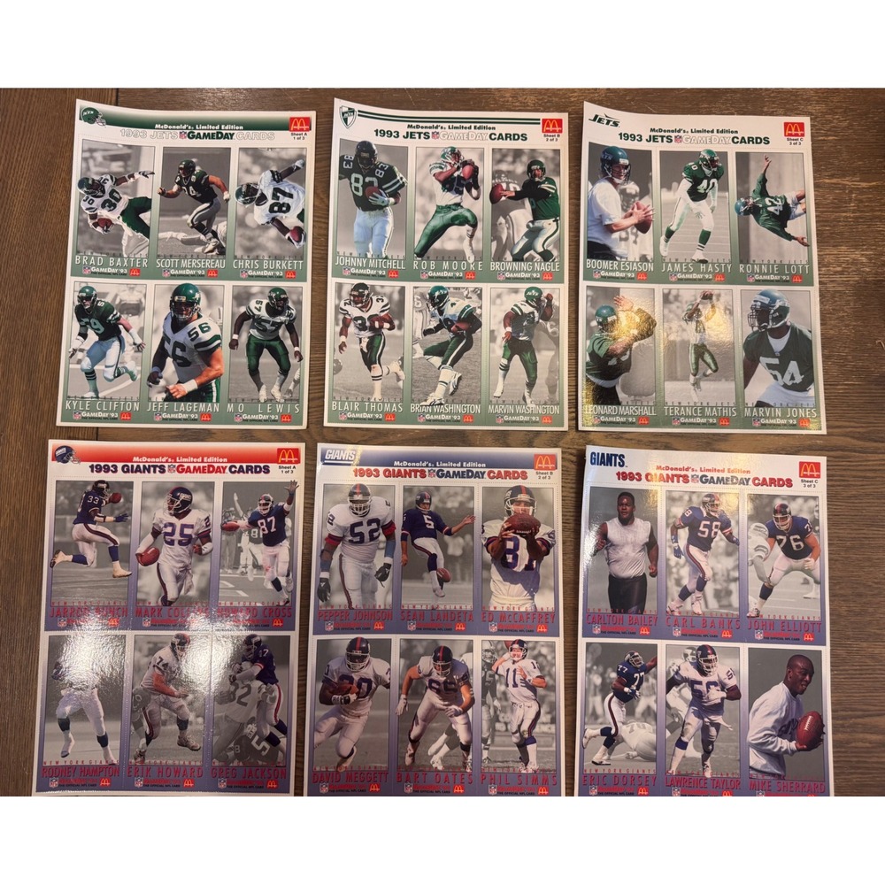 1993 McDonald's NFL Gameday Cards Complete Giants & Jets Uncut Sheet Sets